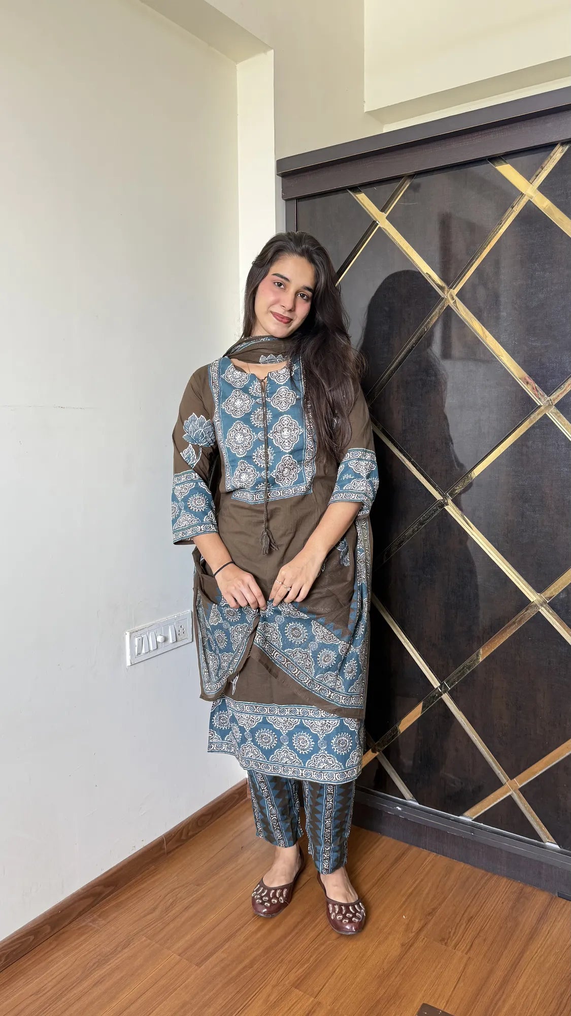 Ajrakh Lotus Border Dupatta Set 147-19-60