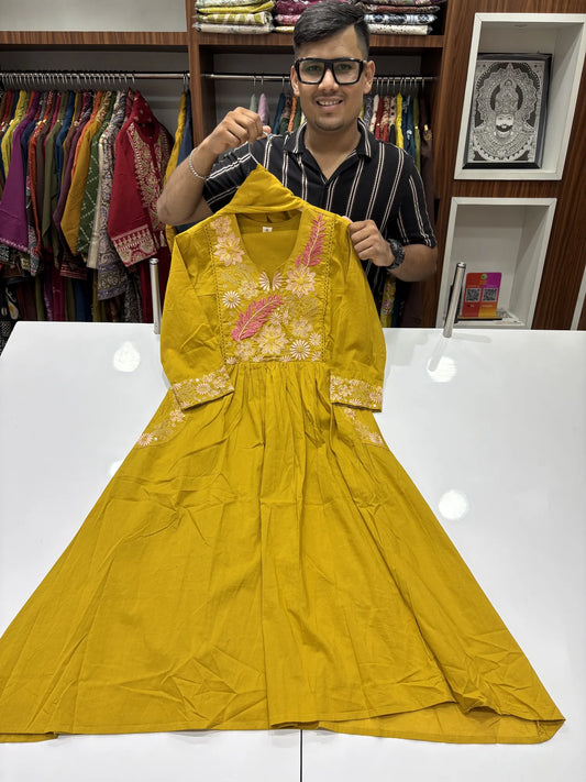 Mustard Daisy Feather Flared Dupatta Set 147-11-60