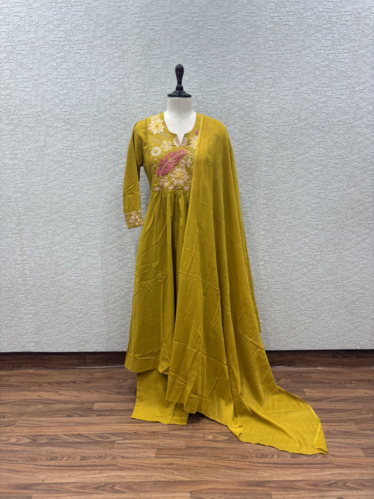 Mustard Daisy Feather Flared Dupatta Set 147-11-60