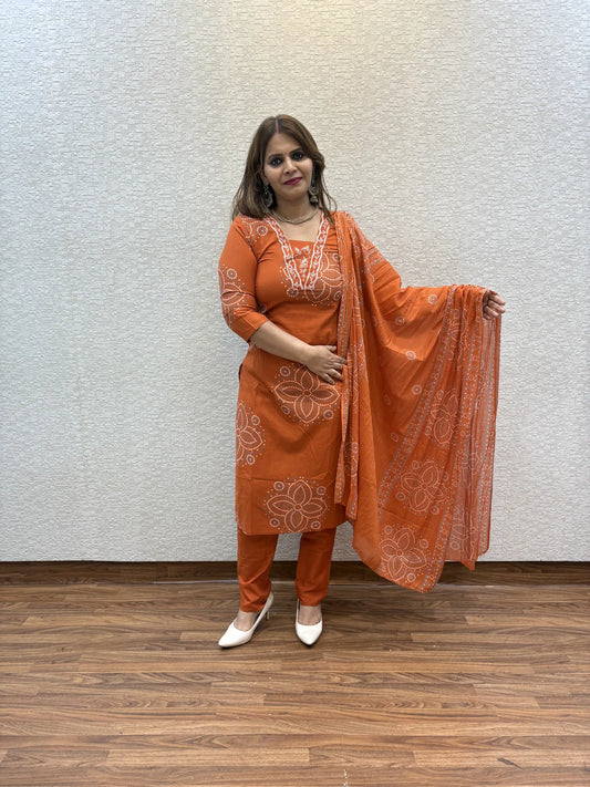 Bandhej Threadwork V Neck Dupatta Set 162-3-63