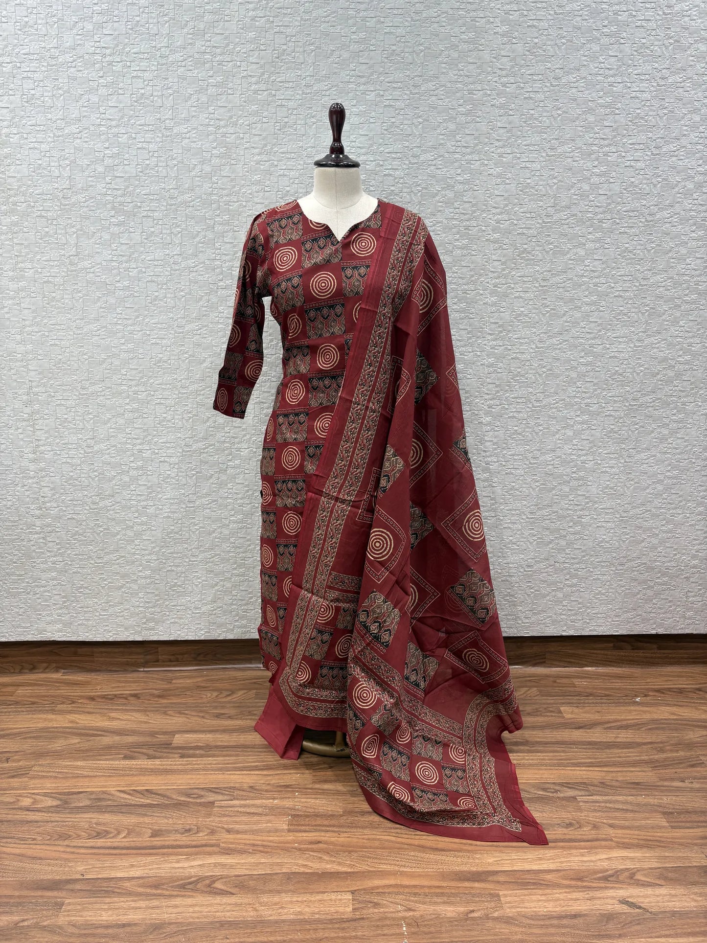 Brick Red Ajrakh Chakra Block Print Dupatta Set 179-12-6