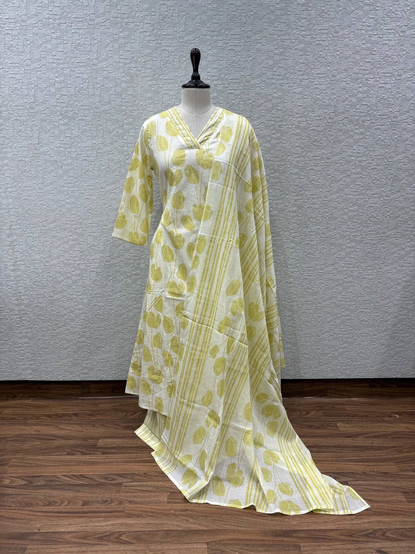 White Lime Tulip Stripe Dupatta Set 2395-8-56