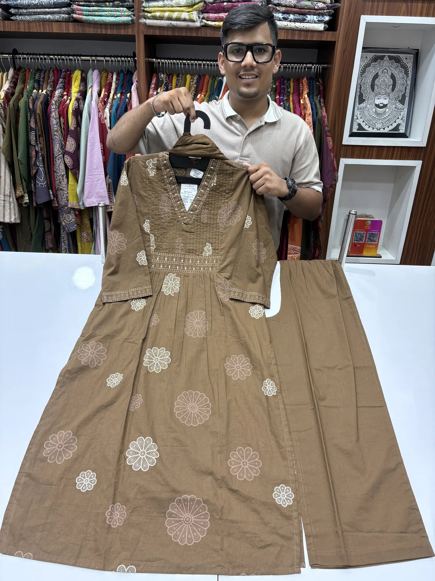 Brown Phool Dupatta Set 5340-2-14